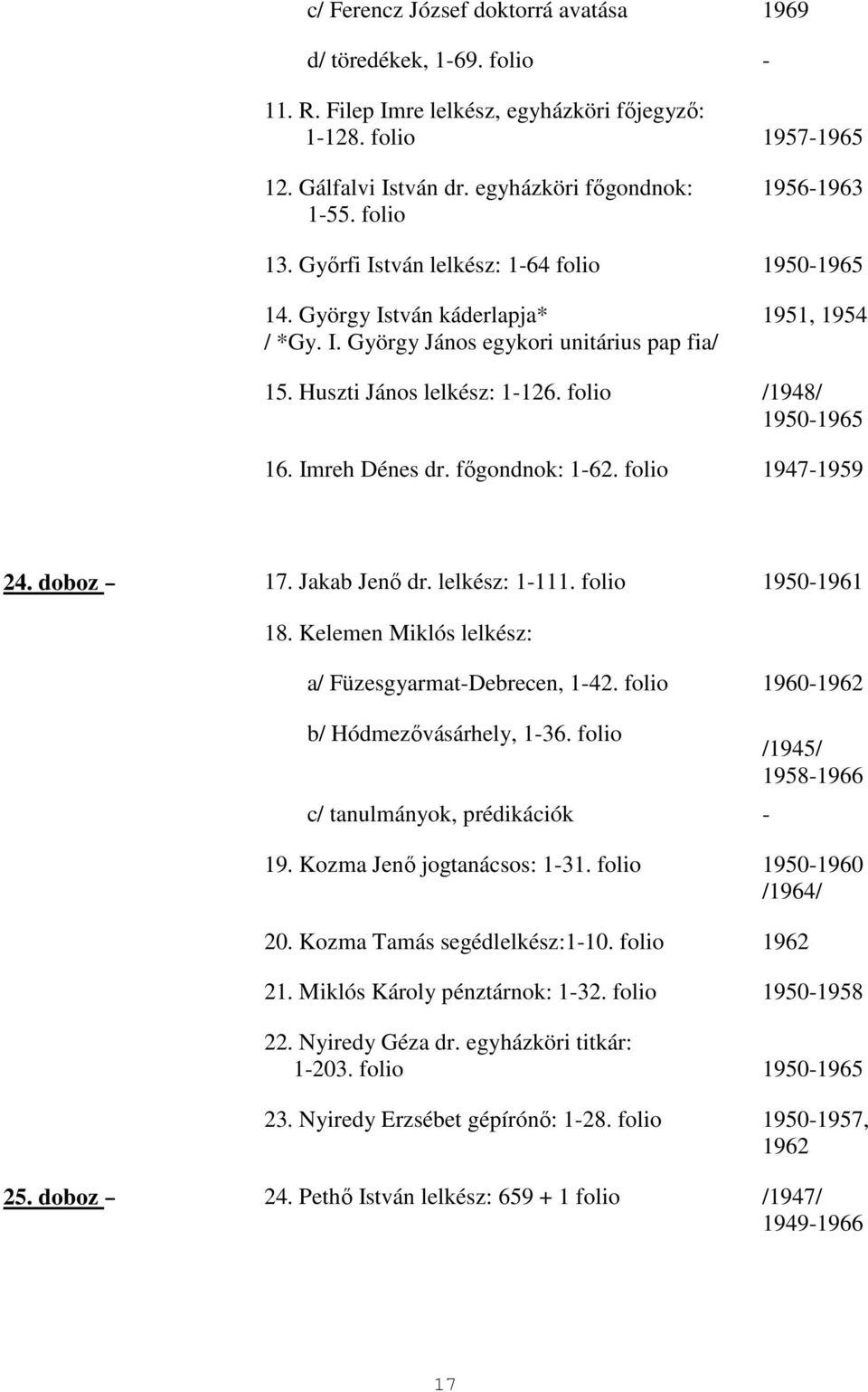 folio /1948/ 1950-1965 16. Imreh Dénes dr. fıgondnok: 1-62. folio 1947-1959 24. doboz 17. Jakab Jenı dr. lelkész: 1-111. folio 1950-1961 18. Kelemen Miklós lelkész: a/ Füzesgyarmat-Debrecen, 1-42.