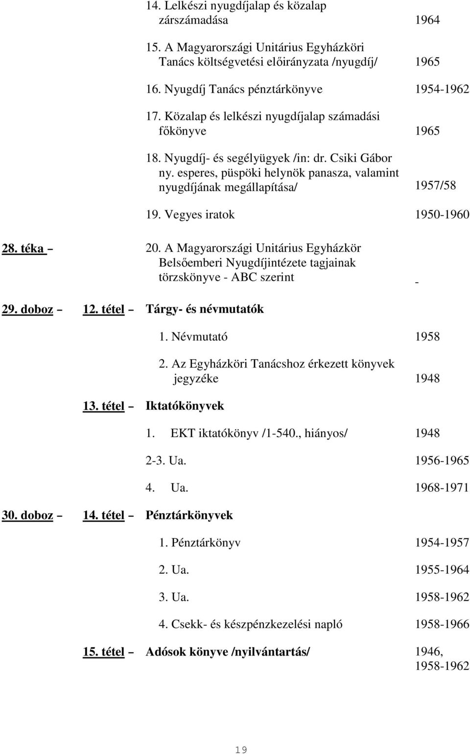 Vegyes iratok 1950-1960 28. téka 20. A Magyarországi Unitárius Egyházkör Belsıemberi Nyugdíjintézete tagjainak törzskönyve - ABC szerint - 29. doboz 12. tétel Tárgy- és névmutatók 13.