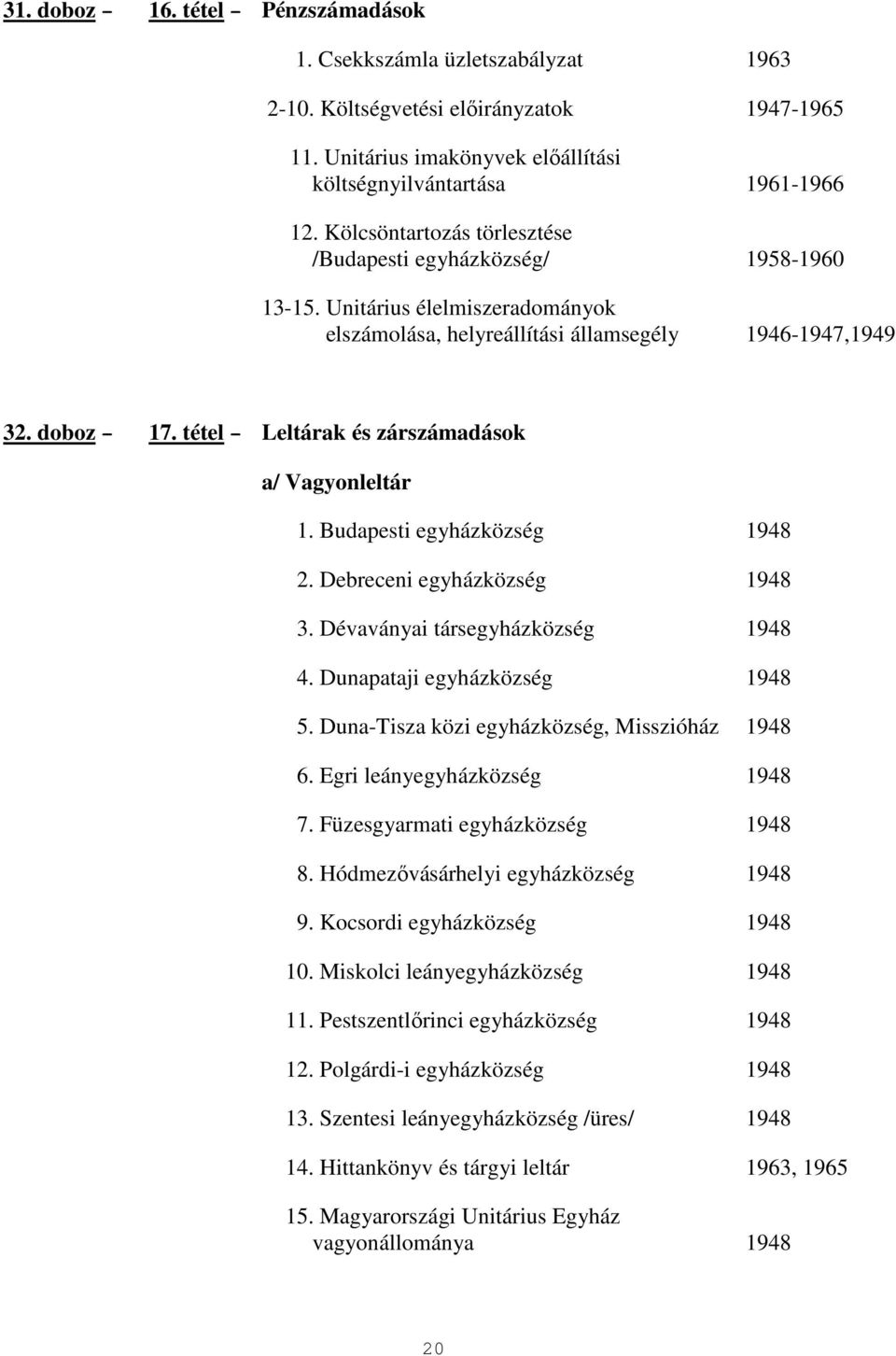 tétel Leltárak és zárszámadások a/ Vagyonleltár 1. Budapesti egyházközség 1948 2. Debreceni egyházközség 1948 3. Dévaványai társegyházközség 1948 4. Dunapataji egyházközség 1948 5.