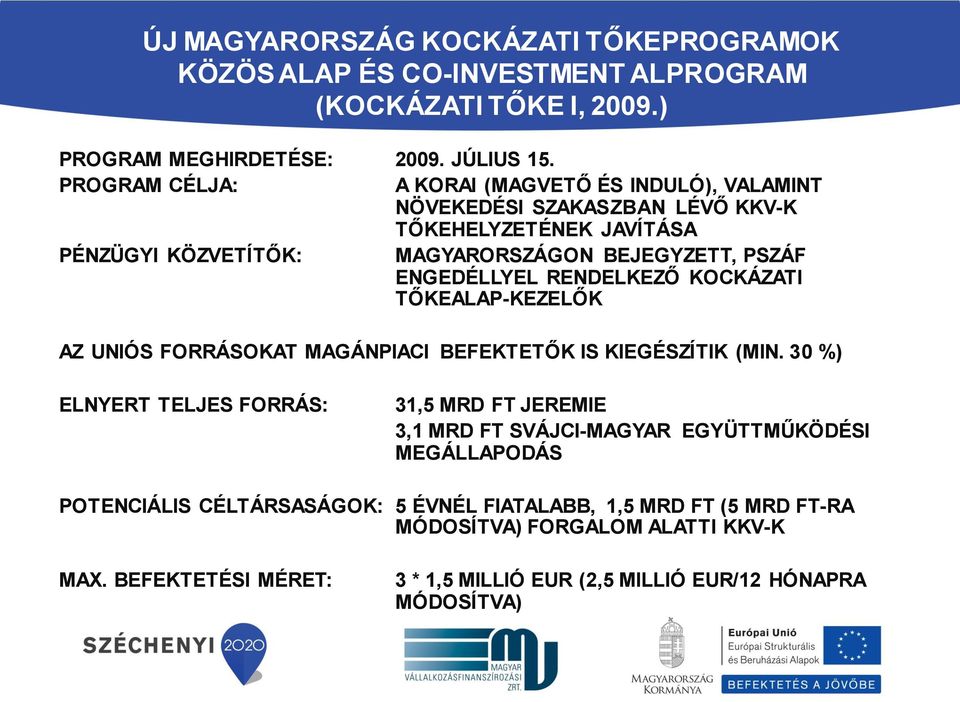 RENDELKEZŐ KOCKÁZATI TŐKEALAP-KEZELŐK AZ UNIÓS FORRÁSOKAT MAGÁNPIACI BEFEKTETŐK IS KIEGÉSZÍTIK (MIN.