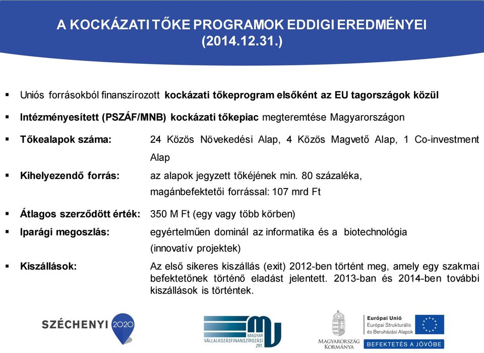 Közös Növekedési Alap, 4 Közös Magvető Alap, 1 Co-investment Alap Kihelyezendő forrás: az alapok jegyzett tőkéjének min.