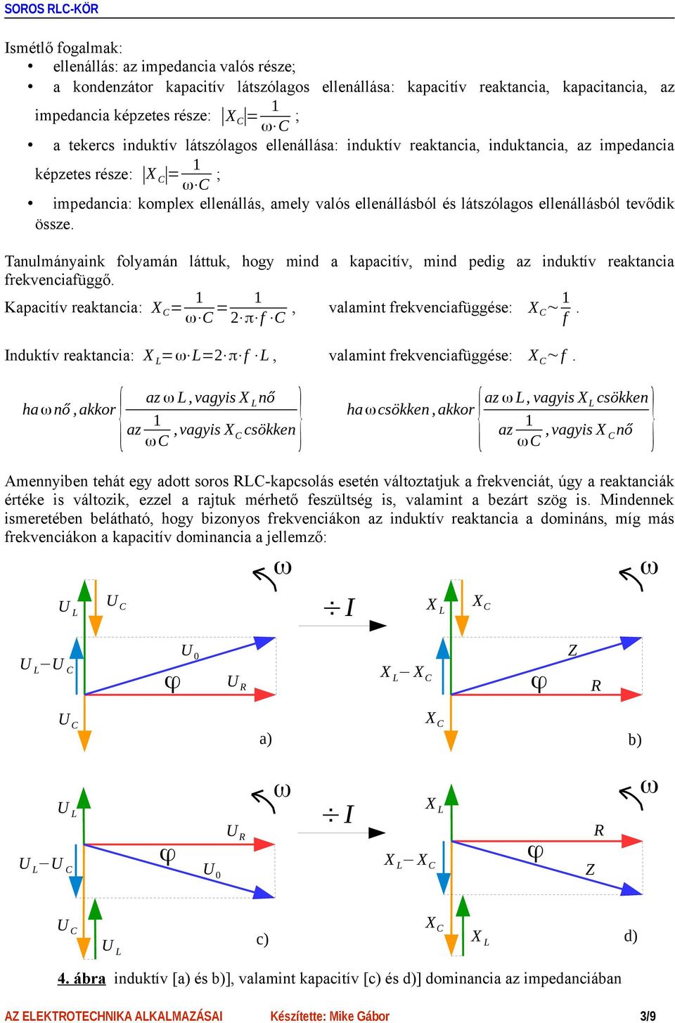 tevődik össze. Tanulmányaink folyamán láttuk, hogy mind a kapacitív, mind pedig az induktív reaktancia frekvenciafüggő. Kapacitív reaktancia: = 1 C = 1 2 π f C, valamint frekvenciafüggése: 1 f.