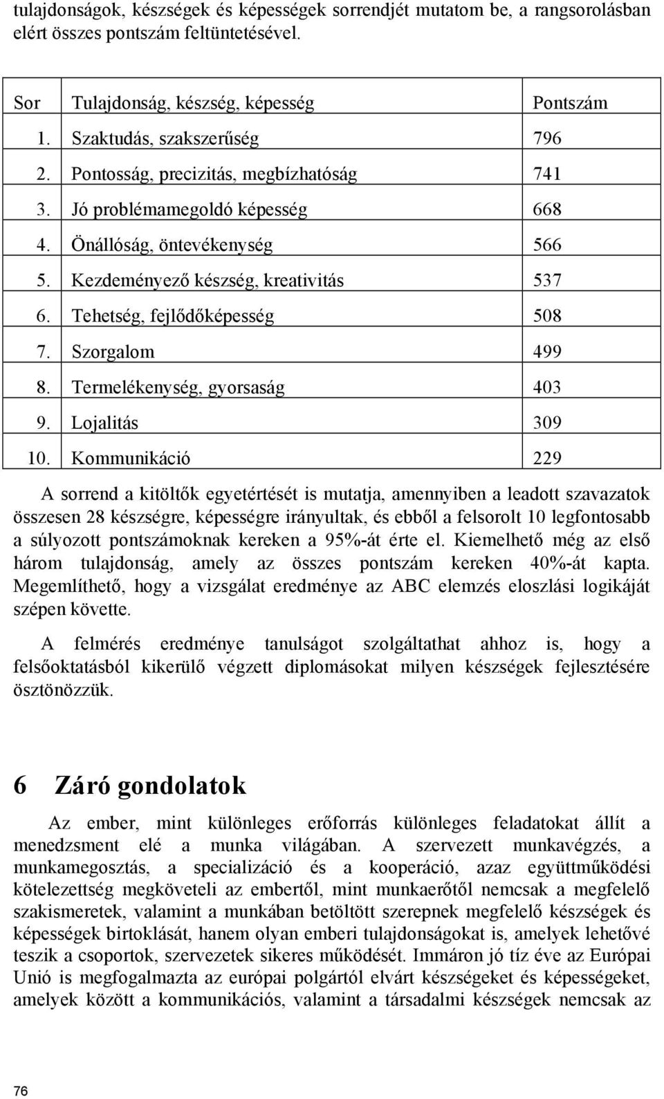 Szorgalom 499 8. Termelékenység, gyorsaság 403 9. Lojalitás 309 10.