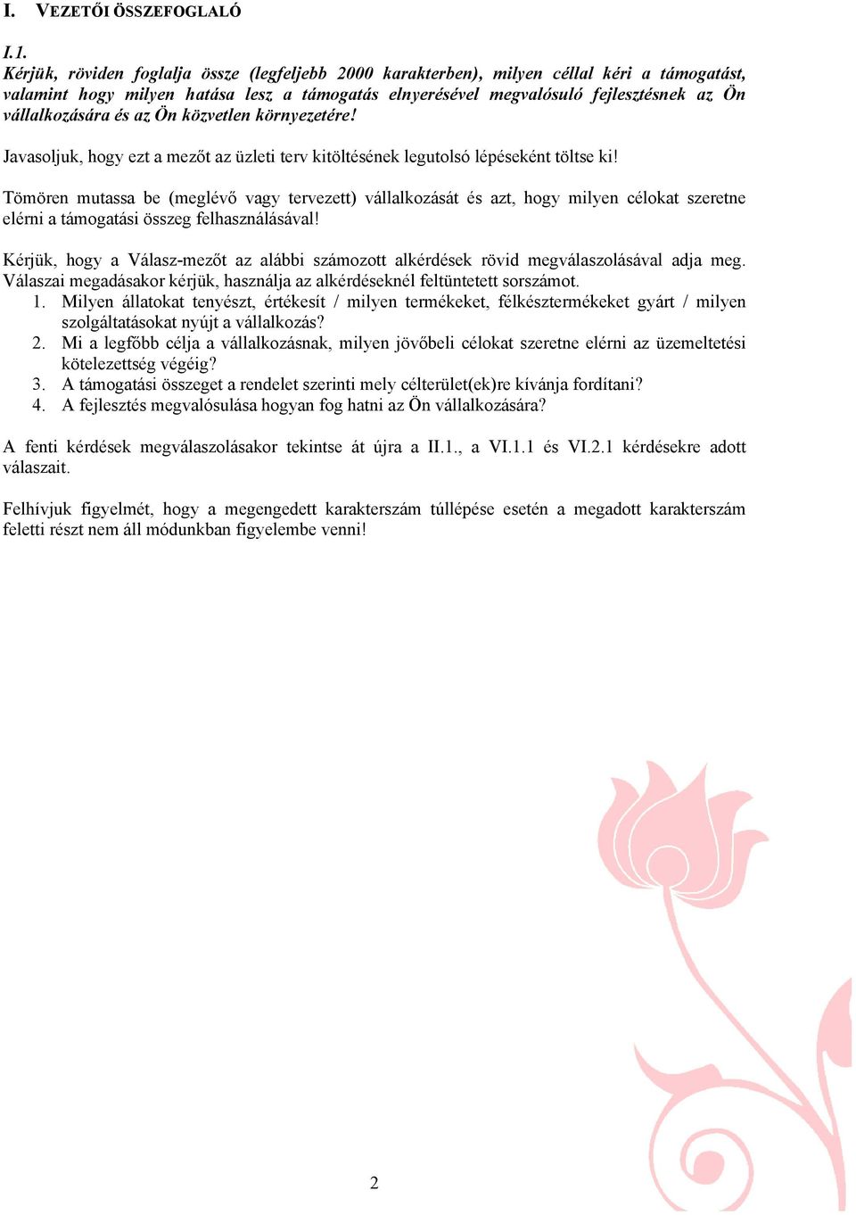 és az Ön közvetlen környezetére! Javasoljuk, hogy ezt a mezőt az üzleti terv kitöltésének legutolsó lépéseként töltse ki!