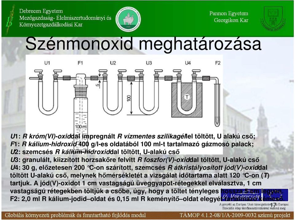 szemcsés R átkristályosított jód(v)-oxiddal töltött U-alakú csı, melynek hımérsékletét a vizsgálat idıtartama alatt 120 C-on ( T) tartjuk.