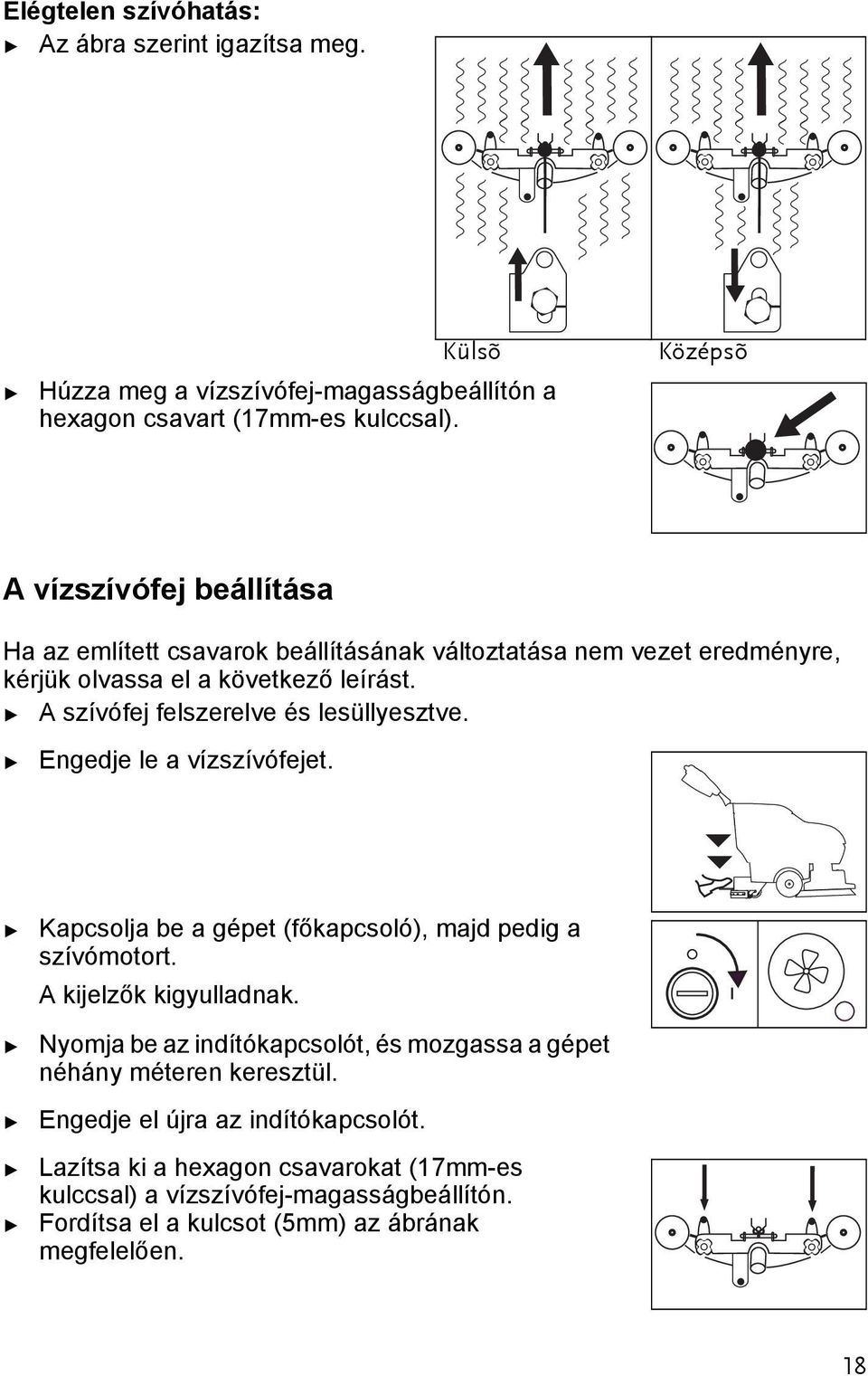 A szívófej felszerelve és lesüllyeszve. Engedje le a vízszívófeje. Kapcsolja be a gépe (főkapcsoló), majd pedig a szívómoor. A kijelzők kigyulladnak.