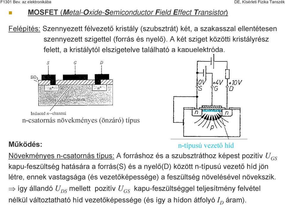 n-csatornás növekményes (önzáró) típus Működés: n-típusú vezető híd Növekményes n-csatornás típus: A forráshoz és a szubsztráthoz képest pozitív U kapu-feszültség hatására a forrás() és a