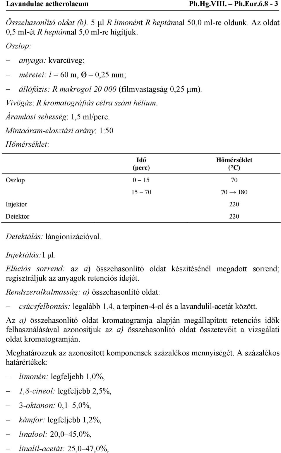 Mintaáram-elosztási arány: 1:50 Hőmérséklet: Idő (perc) Hőmérséklet ( C) Oszlop 0 15 70 15 70 70 180 Injektor 220 Detektor 220 Detektálás: lángionizációval. Injektálás:1 μl.