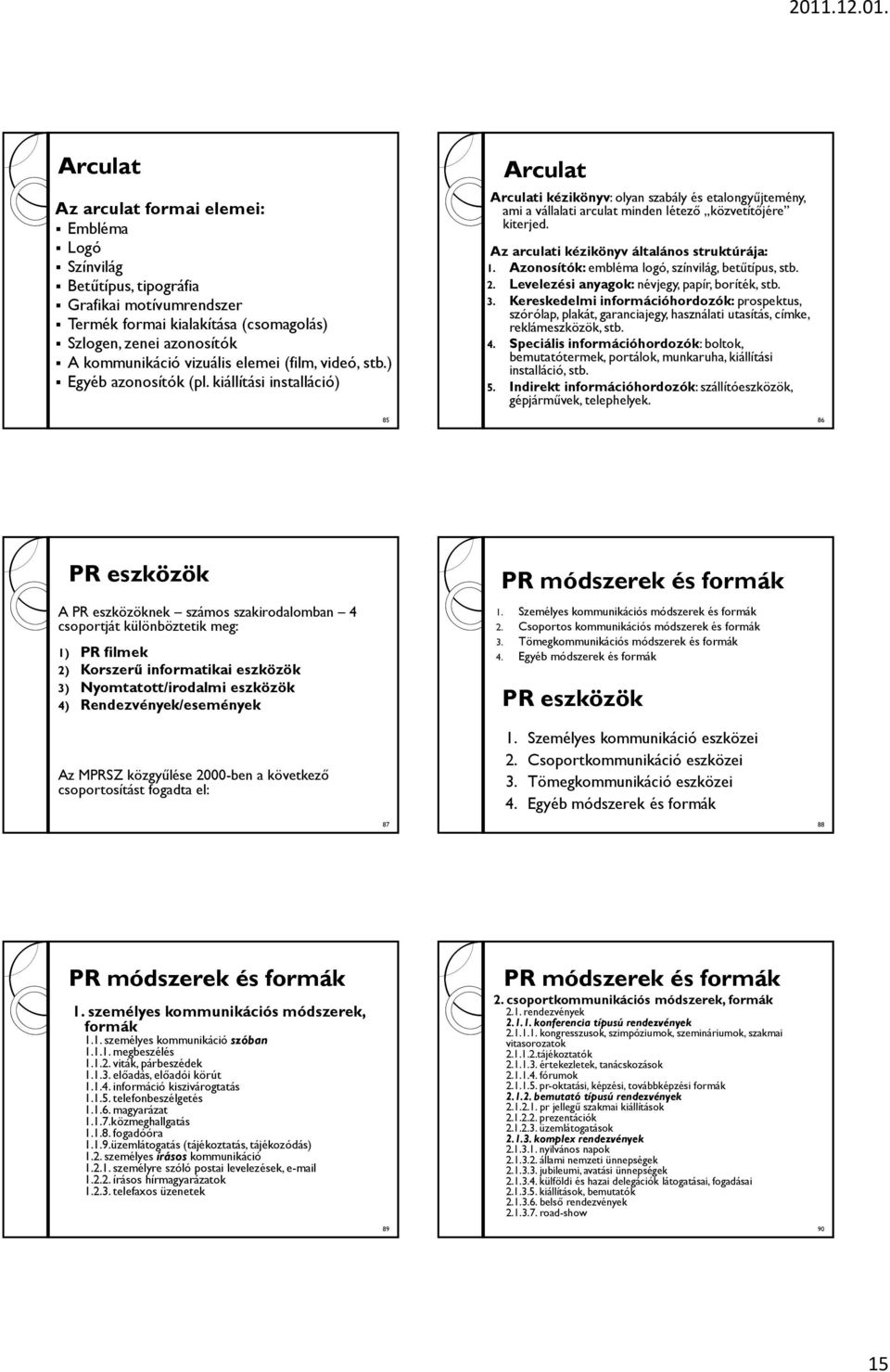 Az arculati kézikönyv általános struktúrája: 1. Azonosítók: embléma logó, színvilág, betűtípus, stb. 2. Levelezési anyagok: névjegy, papír, boríték, stb. 3.