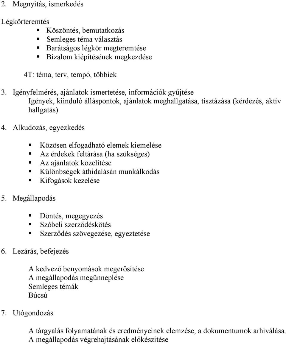 Alkudozás, egyezkedés Közösen elfogadható elemek kiemelése Az érdekek feltárása (ha szükséges) Az ajánlatok közelítése Különbségek áthidalásán munkálkodás Kifogások kezelése 5.