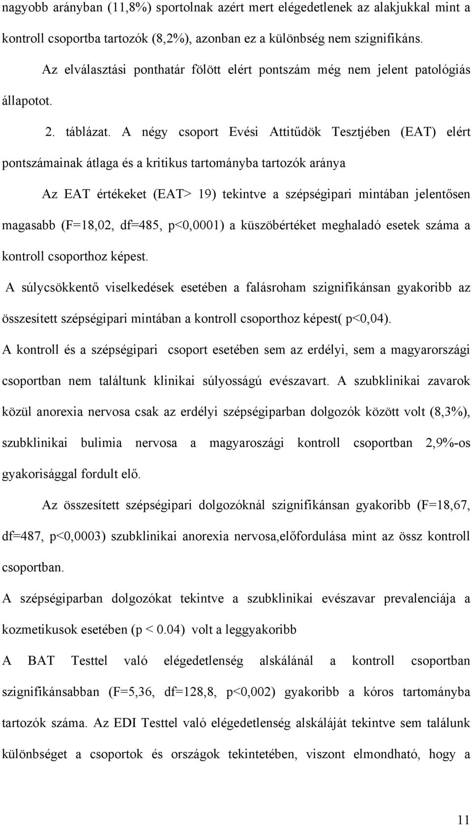 A négy csoport Evési Attitűdök Tesztjében (EAT) elért pontszámainak átlaga és a kritikus tartományba tartozók aránya Az EAT értékeket (EAT> 19) tekintve a szépségipari mintában jelentősen magasabb