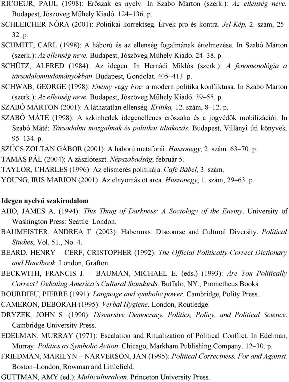 In Hernádi Miklós (szerk.): A fenomenológia a társadalomtudományokban. Budapest, Gondolat. 405 413. p. SCHWAB, GEORGE (1998): Enemy vagy Foe: a modern politika konfliktusa. In Szabó Márton (szerk.