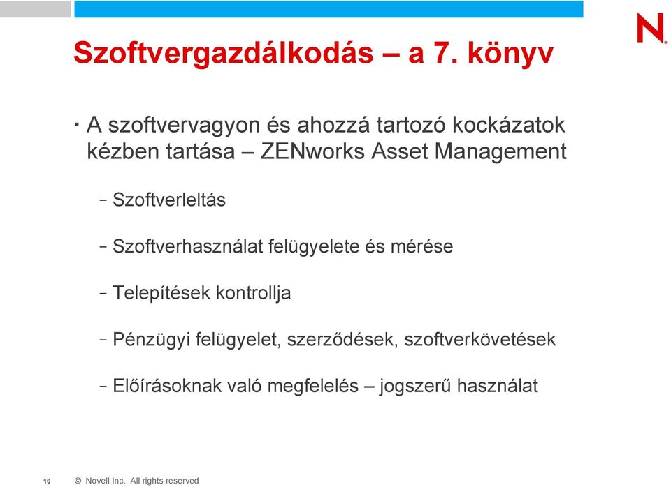 ZENworks Asset Management Szoftverleltás Szoftverhasználat felügyelete és