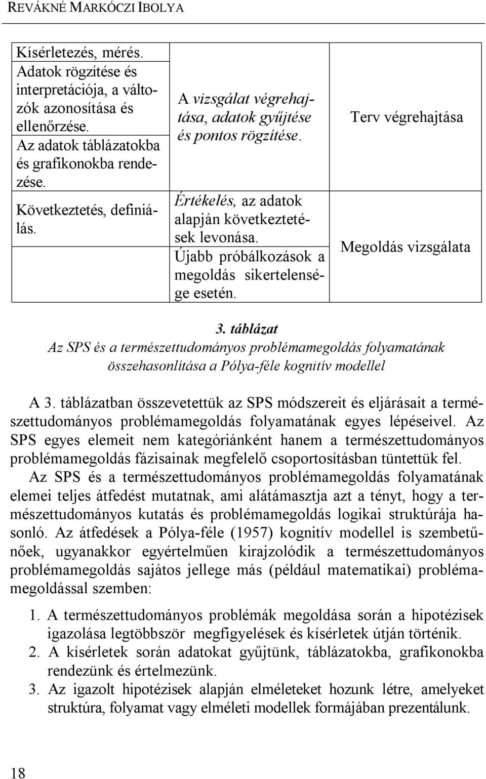 Terv végrehajtása Megoldás vizsgálata 3. táblázat Az SPS és a természettudományos problémamegoldás folyamatának összehasonlítása a Pólya-féle kognitív modellel A 3.