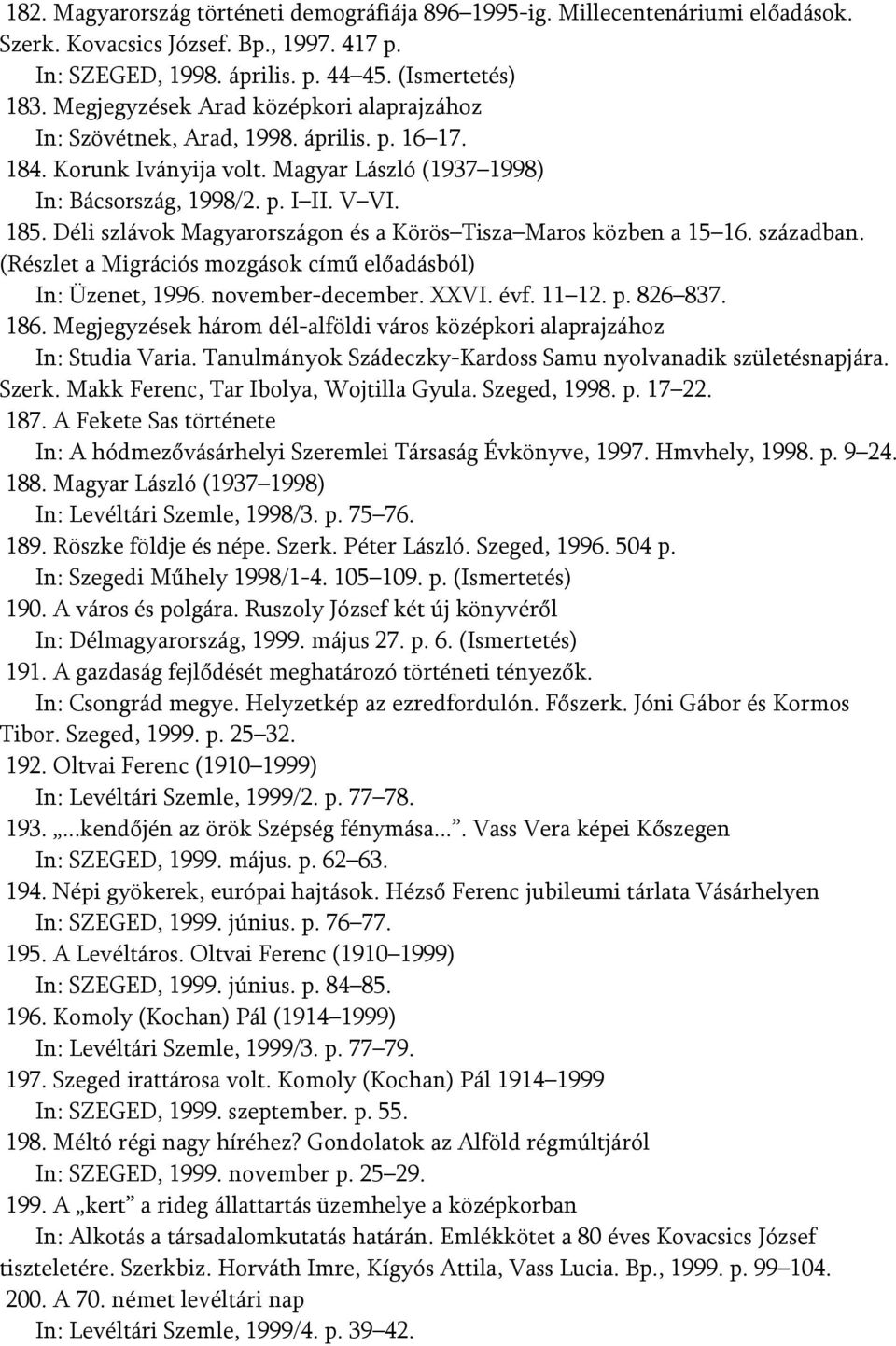 Déli szlávok Magyarországon és a Körös Tisza Maros közben a 15 16. században. (Részlet a Migrációs mozgások című előadásból) In: Üzenet, 1996. november-december. XXVI. évf. 11 12. p. 826 837. 186.