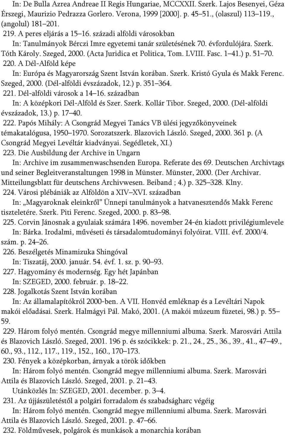 Fasc. 1 41.) p. 51 70. 220. A Dél-Alföld képe In: Európa és Magyarország Szent István korában. Szerk. Kristó Gyula és Makk Ferenc. Szeged, 2000. (Dél-alföldi évszázadok, 12.) p. 351 364. 221.