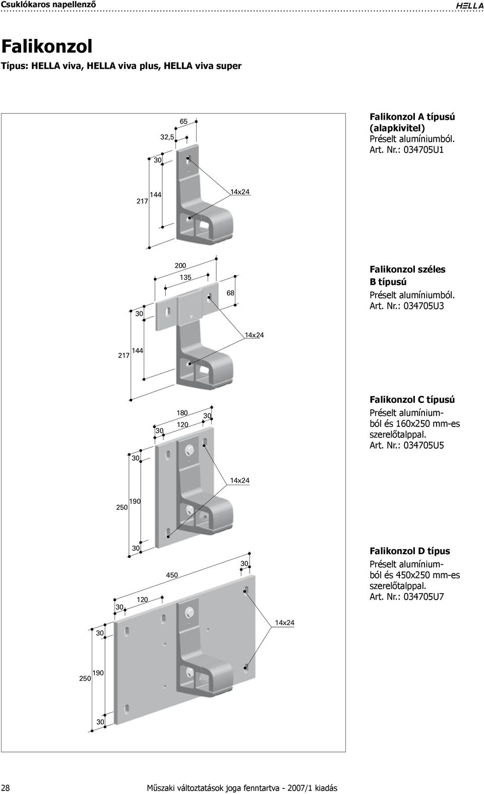 : 034705U3 Falikonzol C típusú Préselt alumíniumból és 160x250 mm-es szerelőtalppal. Art. Nr.