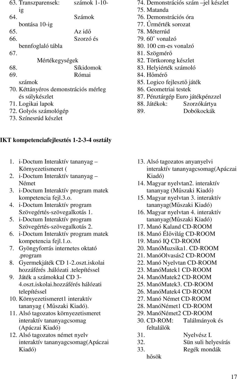 Őrmérték sorozat 78. Méterrúd 79. 60 vonalzó 80. 100 cm-es vonalzó 81. Szögmérı 82. Törtkorong készlet 83. Helyiérték számoló 84. Hımérı 85. Logico fejlesztı játék 86. Geometriai testek 87.