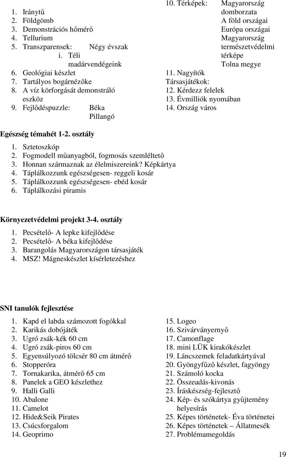 Nagyítók Társasjátékok: 12. Kérdezz felelek 13. Évmilliók nyomában 14. Ország város Egészség témahét 1-2. osztály 1. Sztetoszkóp 2. Fogmodell mőanyagból, fogmosás szemléltetı 3.