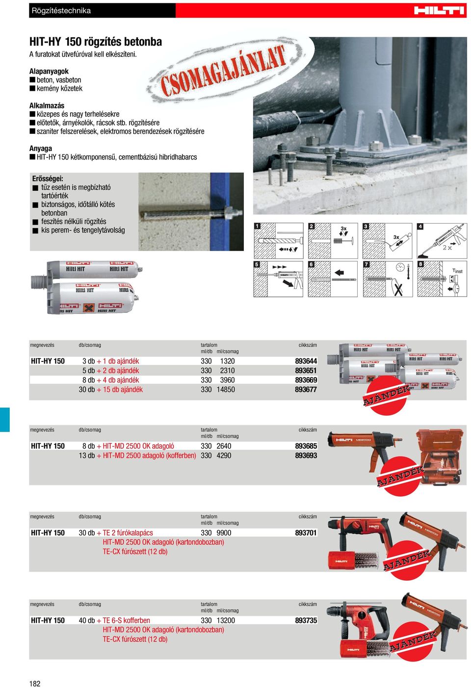 betonban feszítés nélküli rögzítés kis perem- és tengelytávolság megnevezés db/csomag tartalom cikkszám ml/db ml/csomag HIT-HY 150 3 db + 1 db ajándék 330 1320 893644 5 db + 2 db ajándék 330 2310