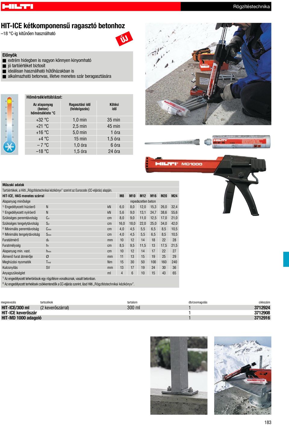 min 1 óra +4 C 15 min 1,5 óra 7 C 1,0 óra 6 óra 18 C 1,5 óra 24 óra Mûszaki adatok Tartóértékek, a Hilti Rögzítéstechnikai kézikönyv szerint az Eurocode (CC-eljárás) alapján.