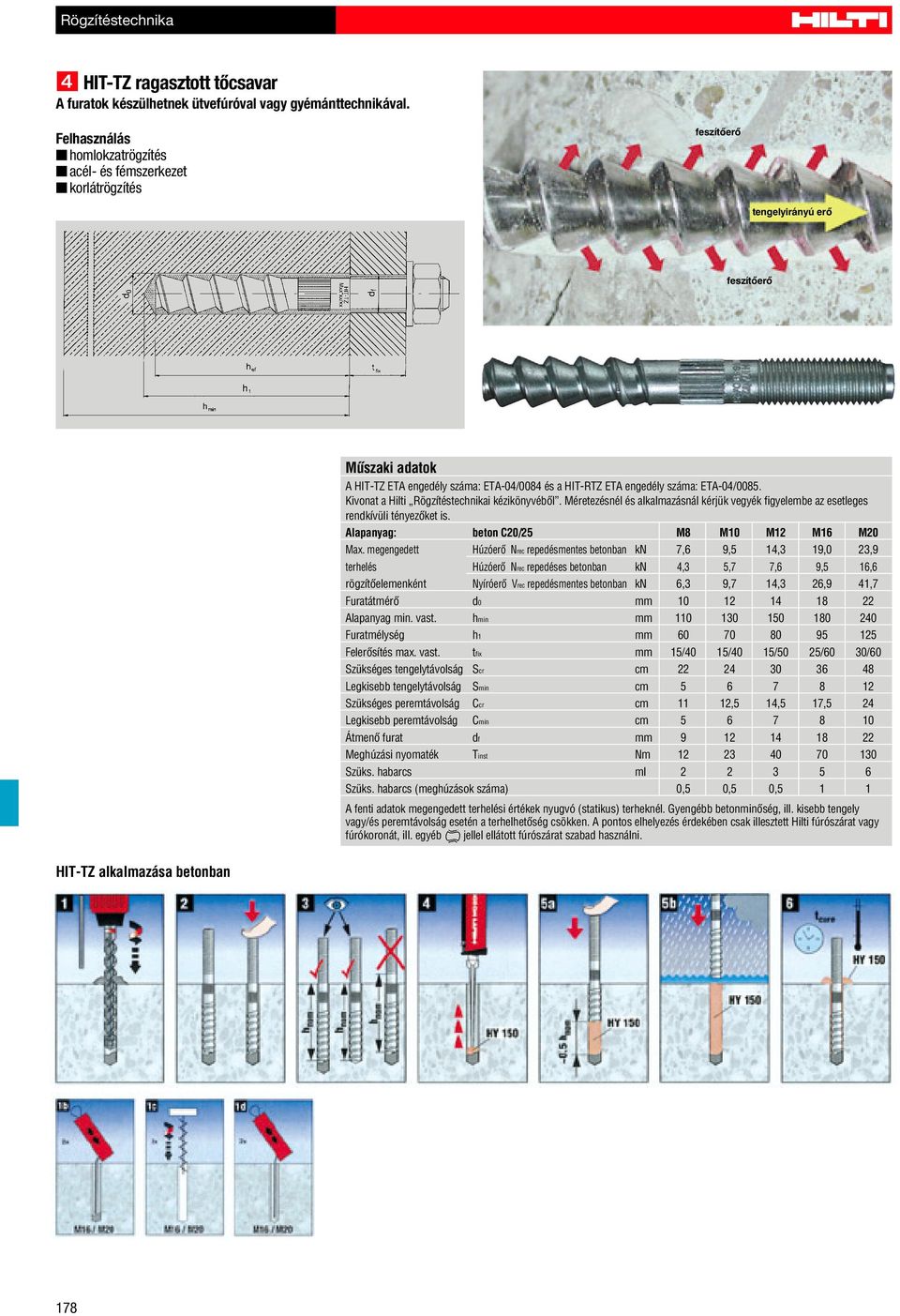 ETA-04/0085. Kivonat a Hilti Rögzítéstechnikai kézikönyvébôl. Méretezésnél és alkalmazásnál kérjük vegyék figyelembe az esetleges rendkívüli tényezôket is.