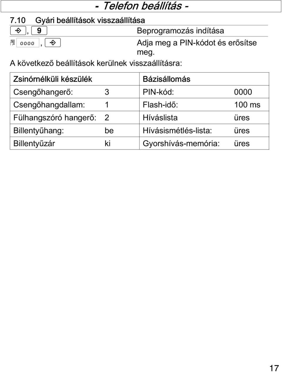 A következő beállítások kerülnek visszaállításra: Zsinórnélküli készülék Bázisállomás Csengőhangerő: