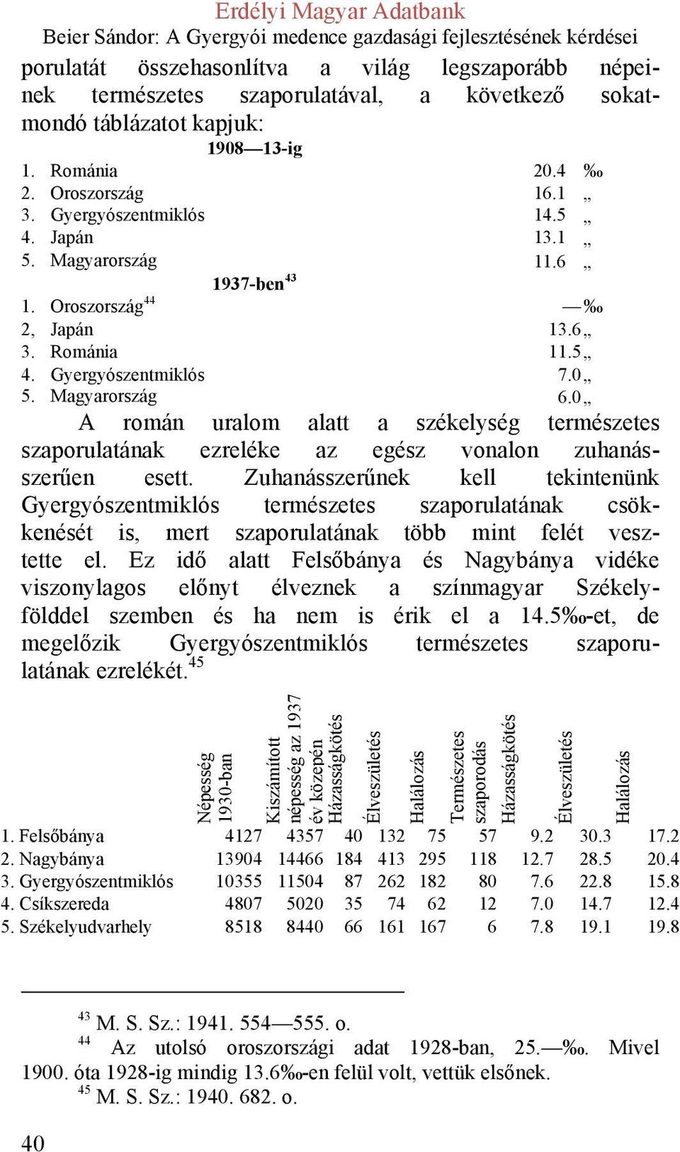 0 A román uralom alatt a székelység természetes szaporulatának ezreléke az egész vonalon zuhanásszerűen esett.