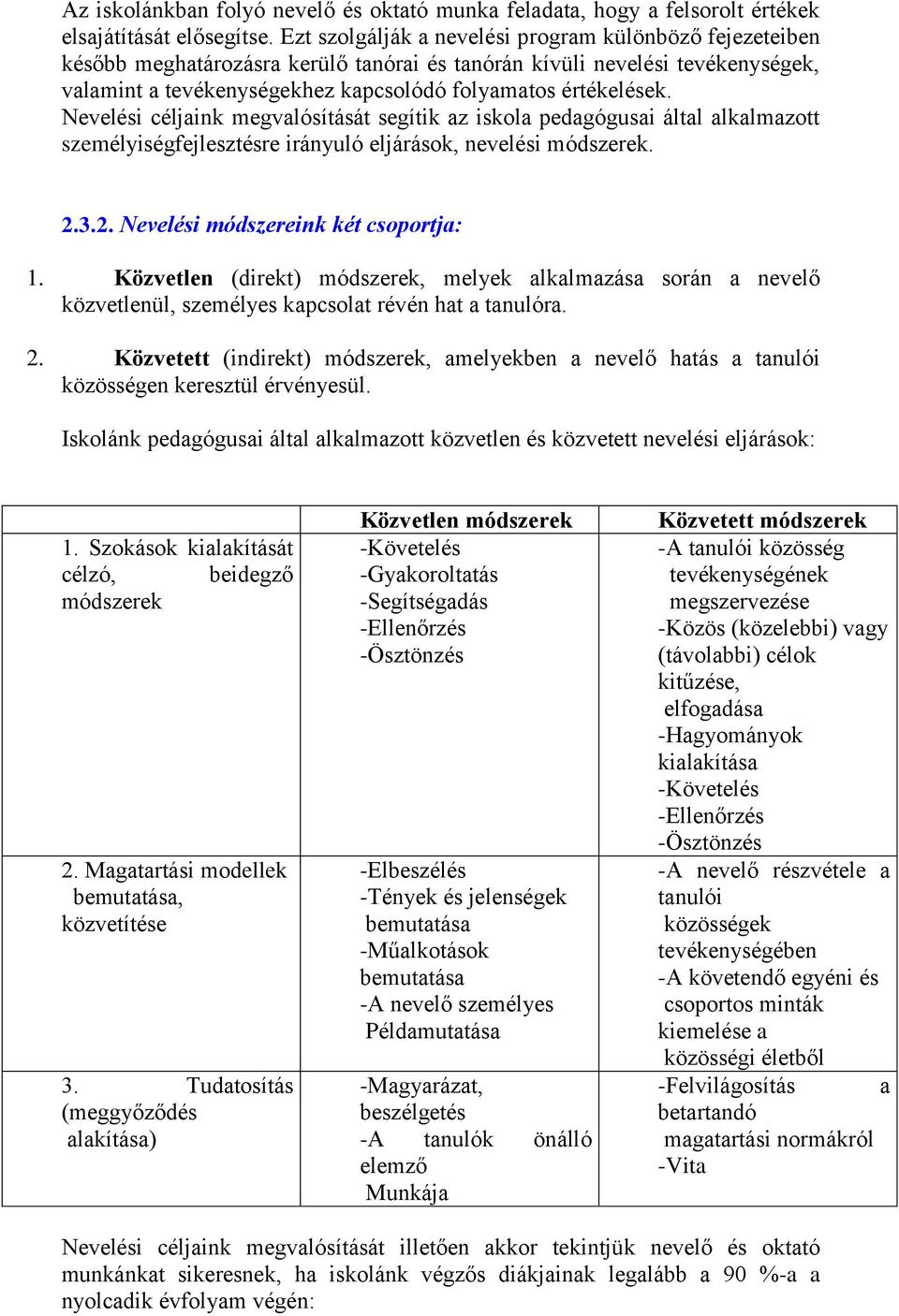 Nevelési céljaink megvalósítását segítik az iskola pedagógusai által alkalmazott személyiségfejlesztésre irányuló eljárások, nevelési módszerek. 2.3.2. Nevelési módszereink két csoportja: 1.