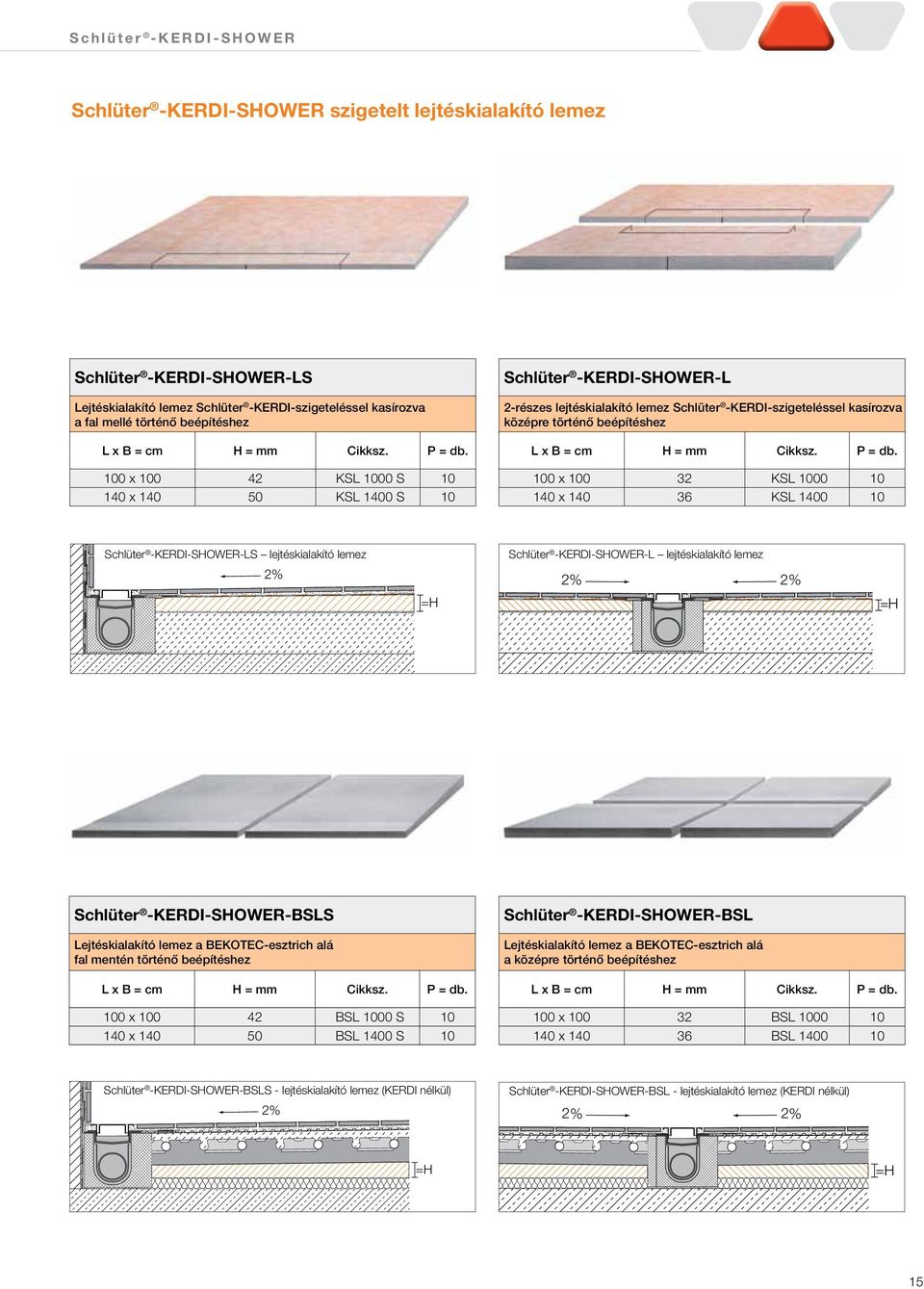 100 x 100 42 KSL 1000 S 10 140 x 140 50 KSL 1400 S 10 Schlüter -KERDI-SHOWER-L 2-részes lejtéskialakító lemez Schlüter -KERDI-szigeteléssel kasírozva középre történő beépítéshez  100 x 100 32 KSL