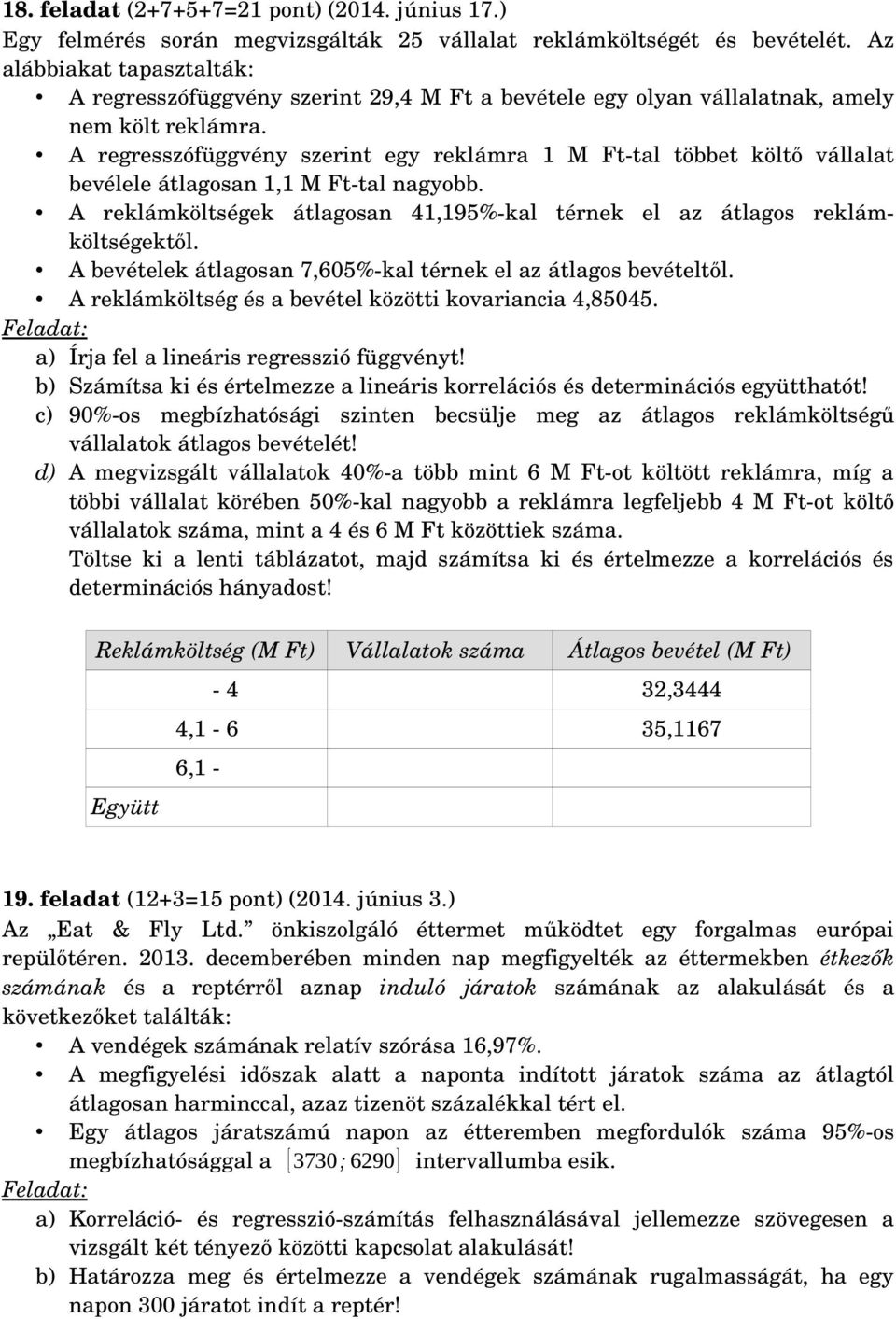 A regresszófüggvény szerint egy reklámra 1 M Ft tal többet költő vállalat bevélele átlagosan 1,1 M Ft tal nagyobb. A reklámköltségek átlagosan 41,195% kal térnek el az átlagos reklámköltségektől.