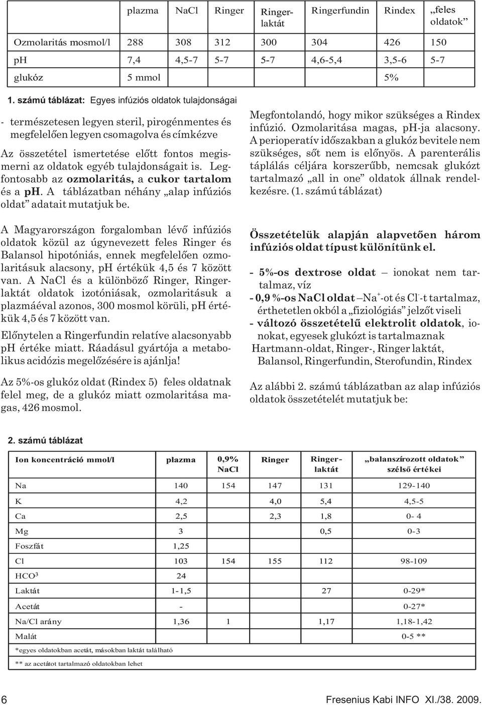 oldatok egyéb tulajdonságait is. Legfontosabb az ozmolaritás, a cukor tartalom és a ph. A táblázatban néhány alap infúziós oldat adatait mutatjuk be.