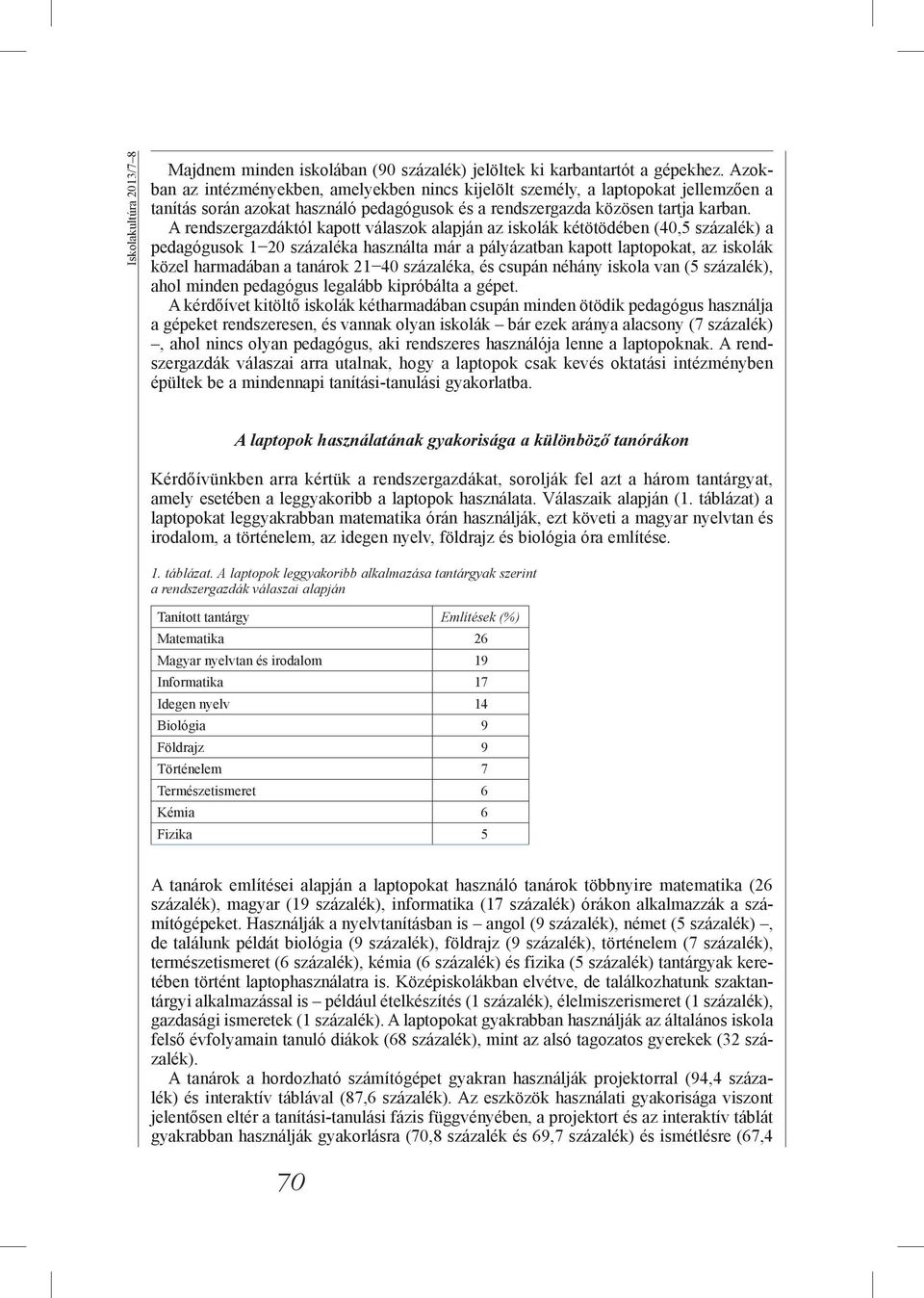 A rendszergazdáktól kapott válaszok alapján az iskolák kétötödében (40,5 százalék) a pedagógusok 1 20 százaléka használta már a pályázatban kapott laptopokat, az iskolák közel harmadában a tanárok 21