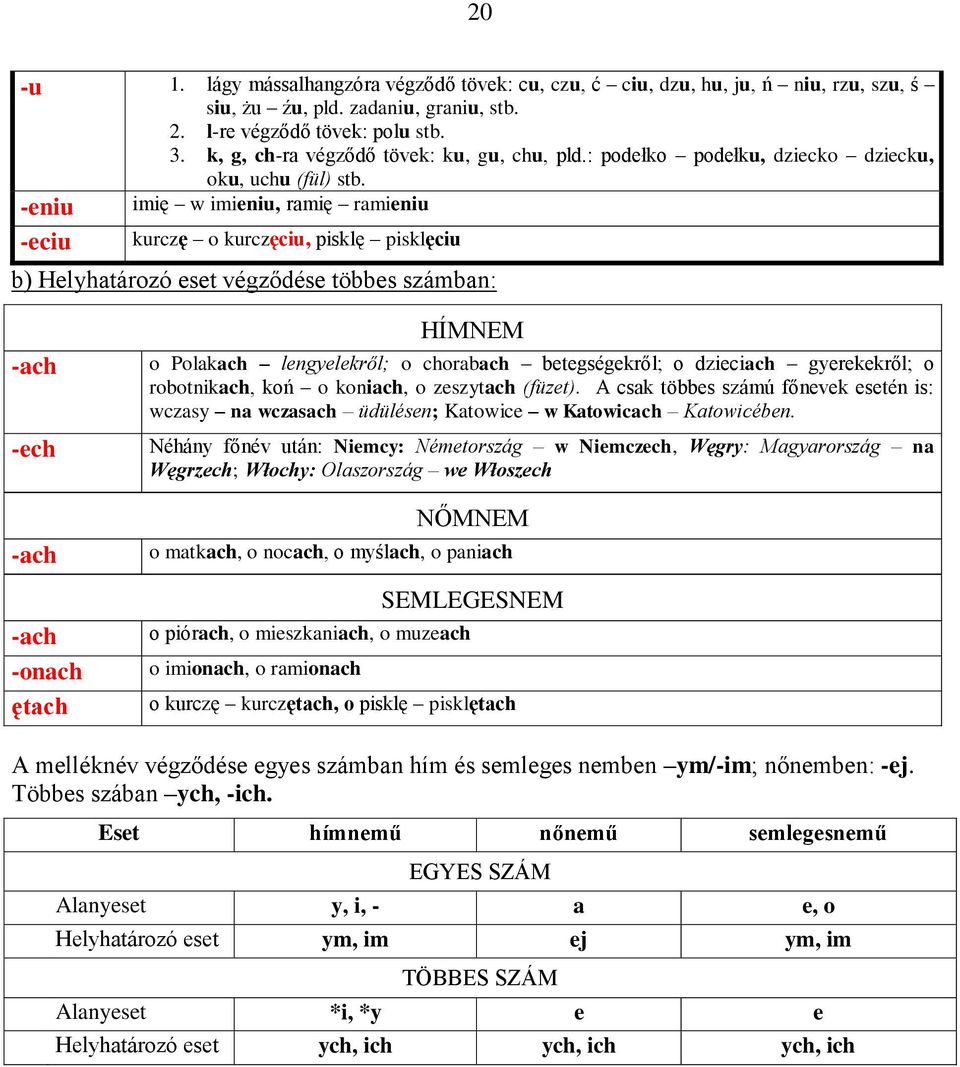 -eniu imię w imieniu, ramię ramieniu -eciu kurczę o kurczęciu, pisklę pisklęciu b) Helyhatározó eset végződése többes számban: -ach -ech -ach -ach -onach ętach HÍMNEM o Polakach lengyelekről; o