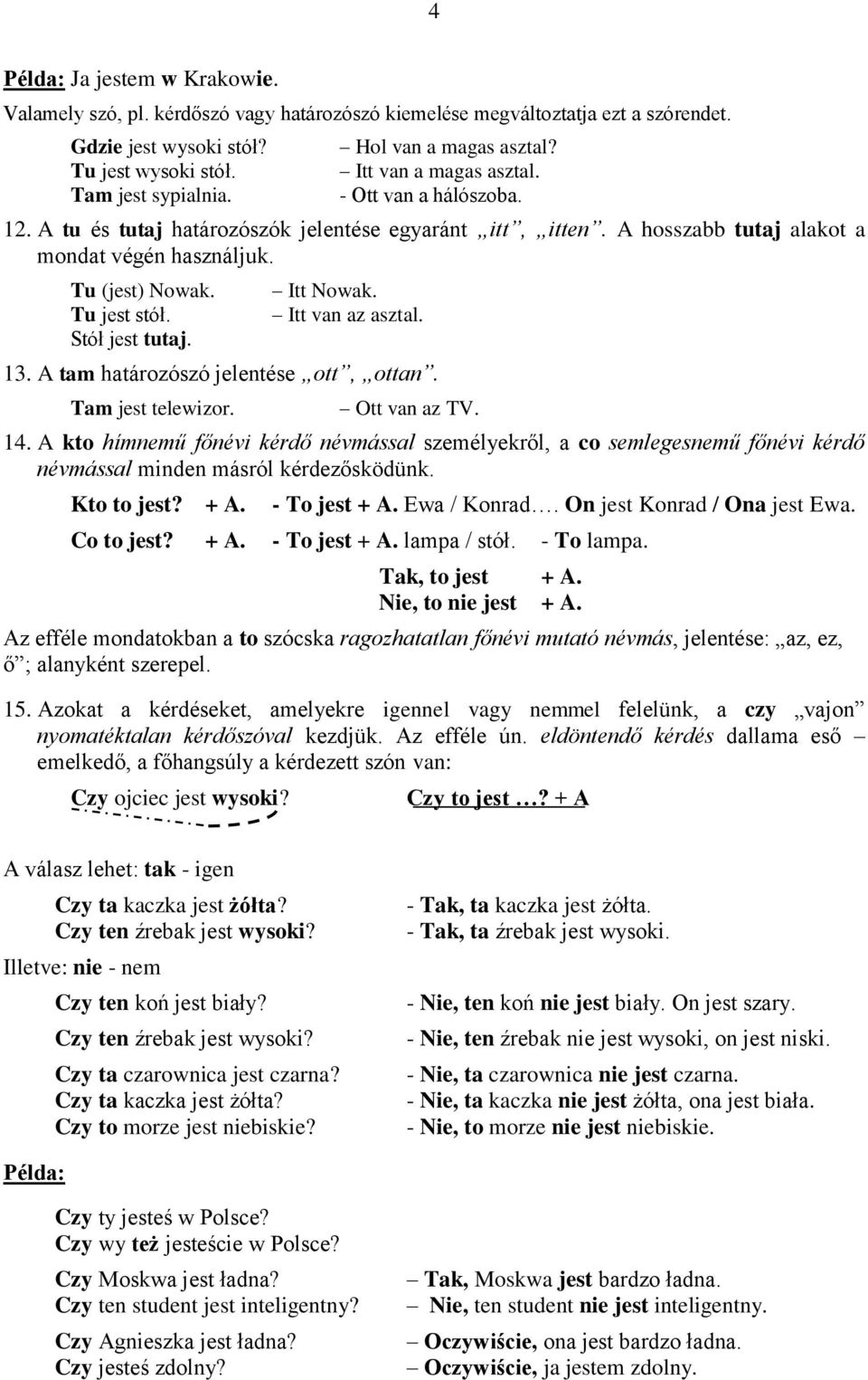 Tu jest stół. Stół jest tutaj. Itt Nowak. Itt van az asztal. 13. A tam határozószó jelentése ott, ottan. Tam jest telewizor. Ott van az TV. 14.