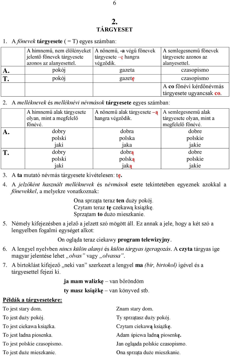 A melléknevek és melléknévi névmások tárgyesete egyes számban: A hímnemű alak tárgyesete olyan, mint a megfelelő főnévé. A. dobry polski jaki T. dobry polski jaki 3.