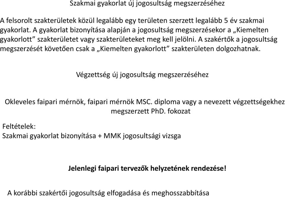 A szakértők a jogosultság megszerzését követően csak a Kiemelten gyakorlott szakterületen dolgozhatnak.