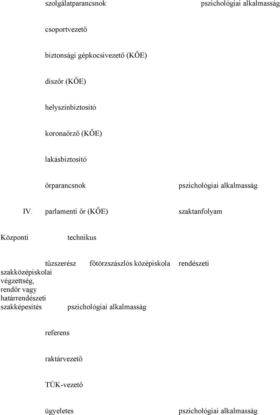 parlamenti őr (KŐE) szaktanfolyam Központi technikus tűzszerész főtörzszászlós középiskola