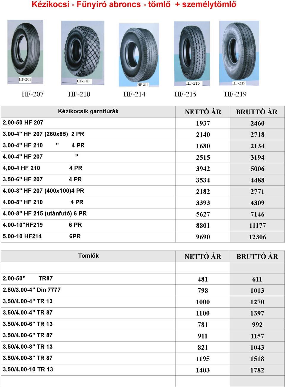 00-8" HF 207 (400x100)4 PR 2182 2771 4.00-8" HF 210 4 PR 3393 4309 4.00-8 HF 215 (utánfutó) 6 PR 5627 7146 4.00-10"HF219 6 PR 8801 11177 5.