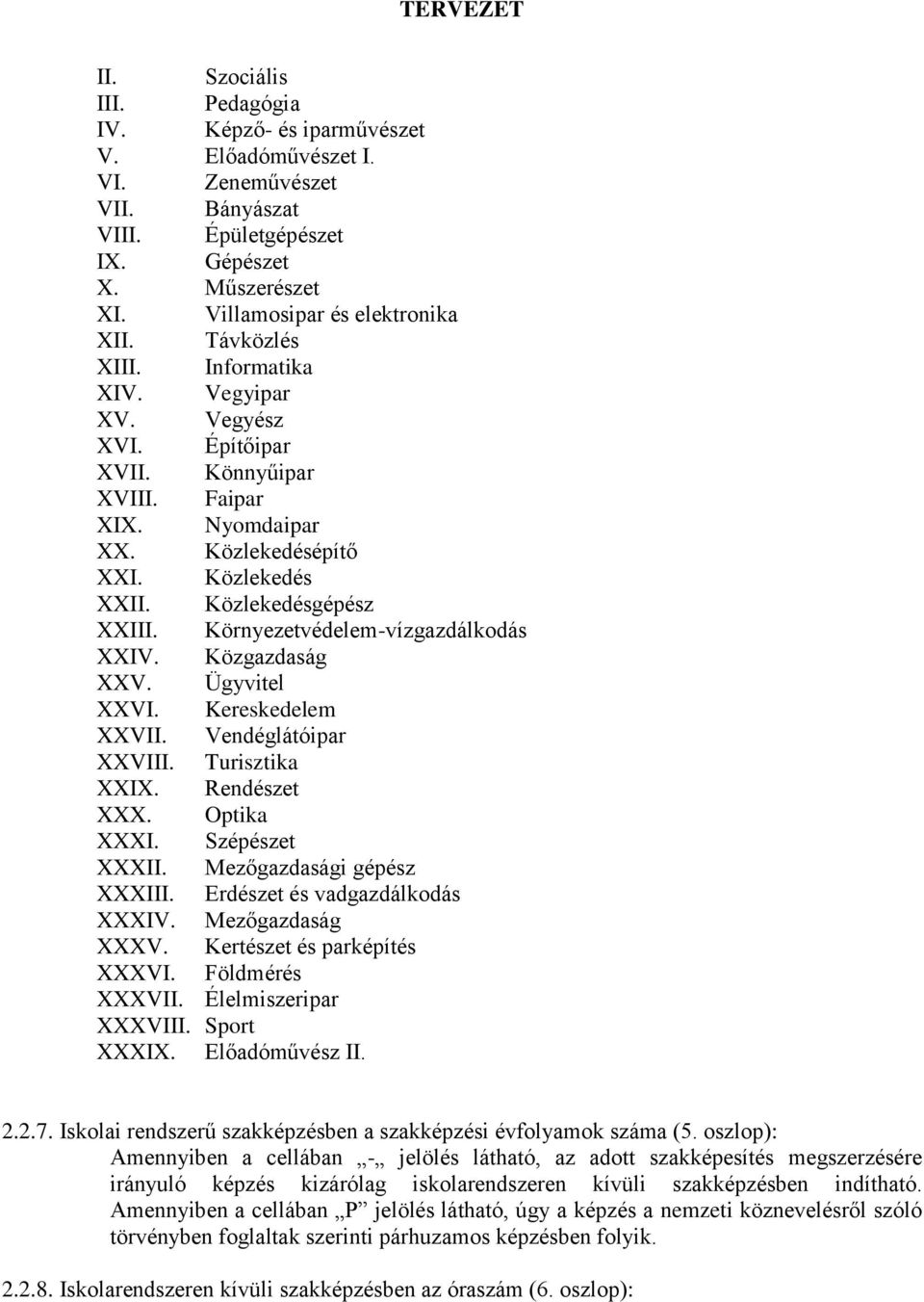 Környezetvédelem-vízgazdálkodás XXIV. Közgazdaság XXV. Ügyvitel XXVI. Kereskedelem XXVII. Vendéglátóipar XXVIII. Turisztika XXIX. Rendészet XXX. Optika XXXI. Szépészet XXXII.