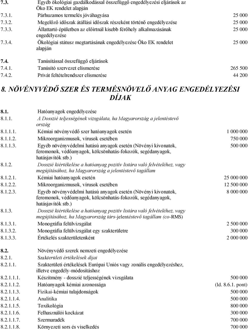 Ökológiai státusz megtartásának engedélyezése Öko EK rendelet alapján 25 000 7.4. Tanúsítással összefüggő eljárások 7.4.1. Tanúsító szervezet elismerése 265 500 7.4.2. Privát feltételrendszer elismerése 44 200 8.