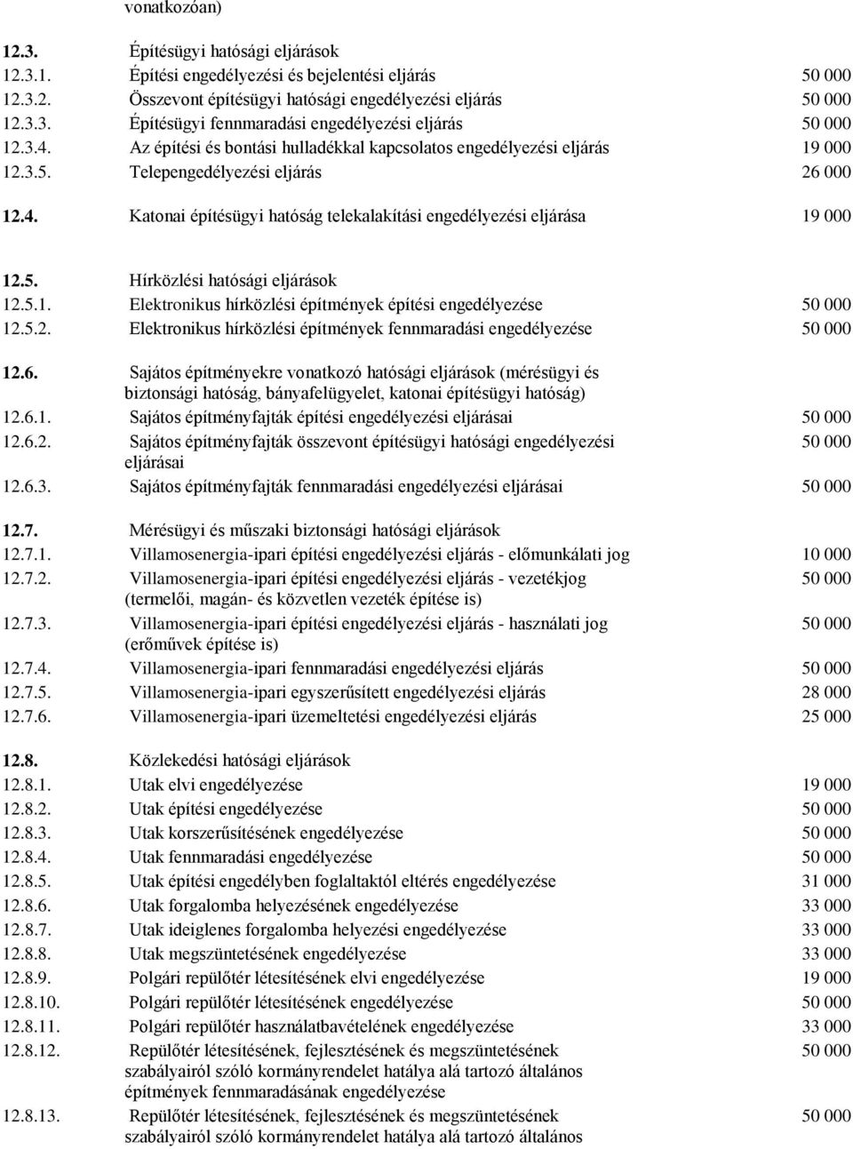 5. Hírközlési hatósági eljárások 12.5.1. Elektronikus hírközlési építmények építési engedélyezése 50 000 12.5.2. Elektronikus hírközlési építmények fennmaradási engedélyezése 50 000 12.6.