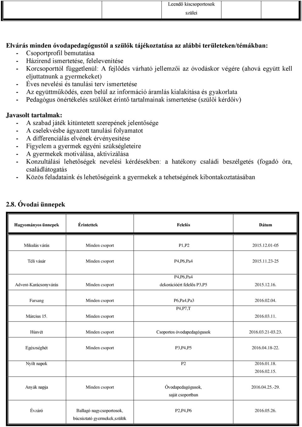 áramlás kialakítása és gyakorlata - Pedagógus önértékelés szülőket érintő tartalmainak ismertetése (szülői kérdőív) Javasolt tartalmak: - A szabad játék kitüntetett szerepének jelentősége - A