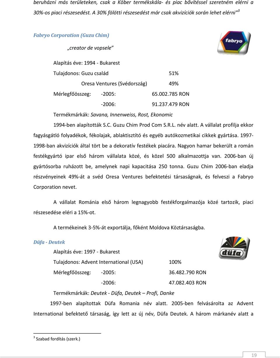 (Svédország) 49% Mérlegfőösszeg: 2005: 65.002.785 RON 2006: 91.237.479 RON Termékmárkák: Savana, Innenweiss, Rost, Ekonomic 1994 ben alapították S.C. Guzu Chim Prod Com S.R.L. név alatt.