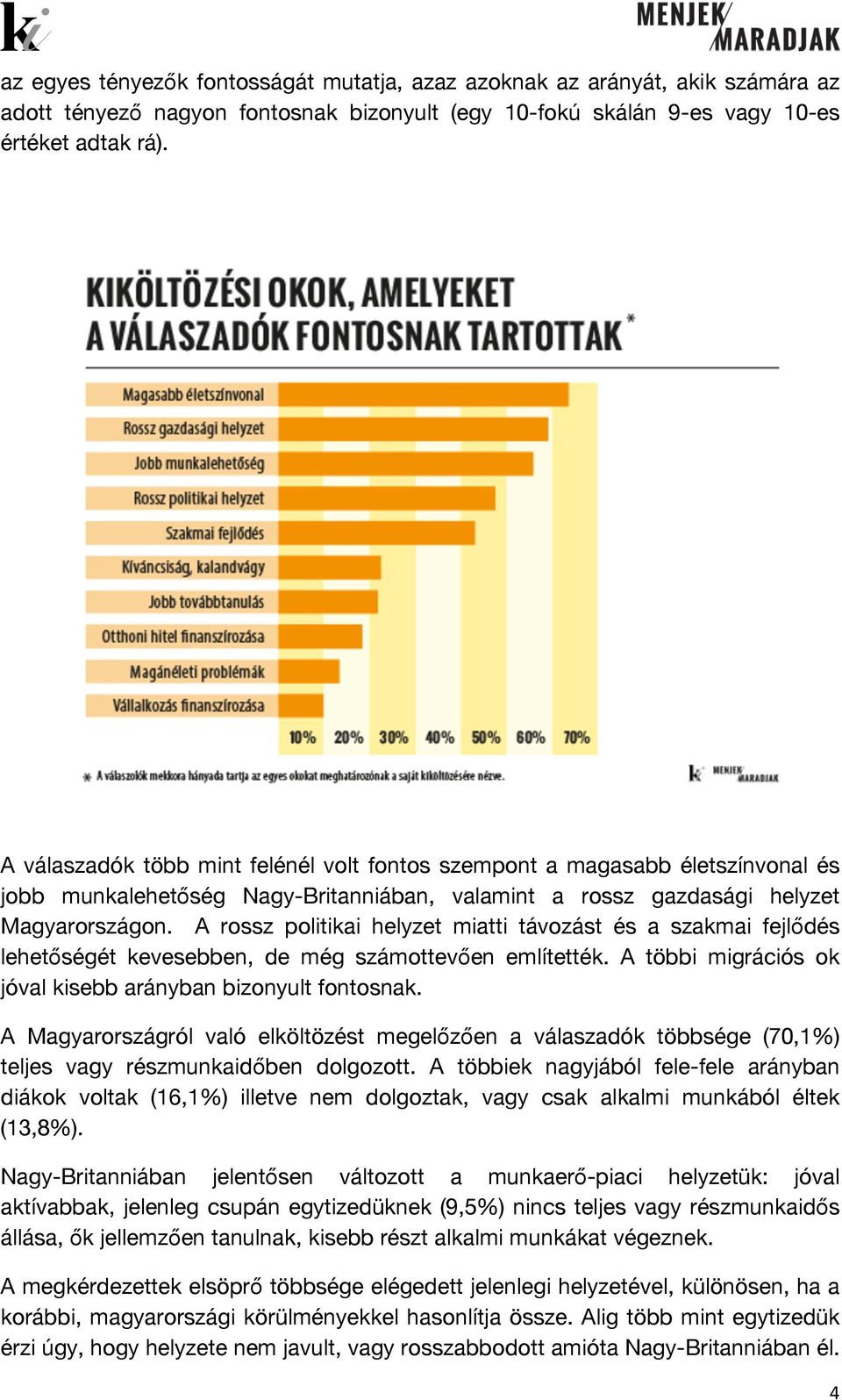 A rossz politikai helyzet miatti távozást és a szakmai fejlődés lehetőségét kevesebben, de még számottevően említették. A többi migrációs ok jóval kisebb arányban bizonyult fontosnak.