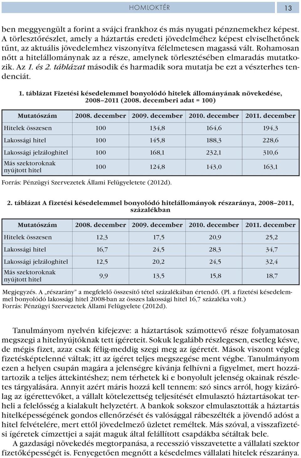 Rohamosan nőtt a hitelállománynak az a része, amelynek törlesztésében elmaradás mutatkozik. Az 1. és 2. táblázat második és harmadik sora mutatja be ezt a vészterhes tendenciát. 1. táblázat Fizetési késedelemmel bonyolódó hitelek állományának növekedése, 2008 2011 (2008.