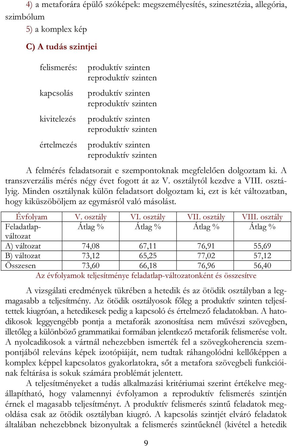 A transzverzális mérés négy évet fogott át az V. osztálytól kezdve a VIII. osztályig.