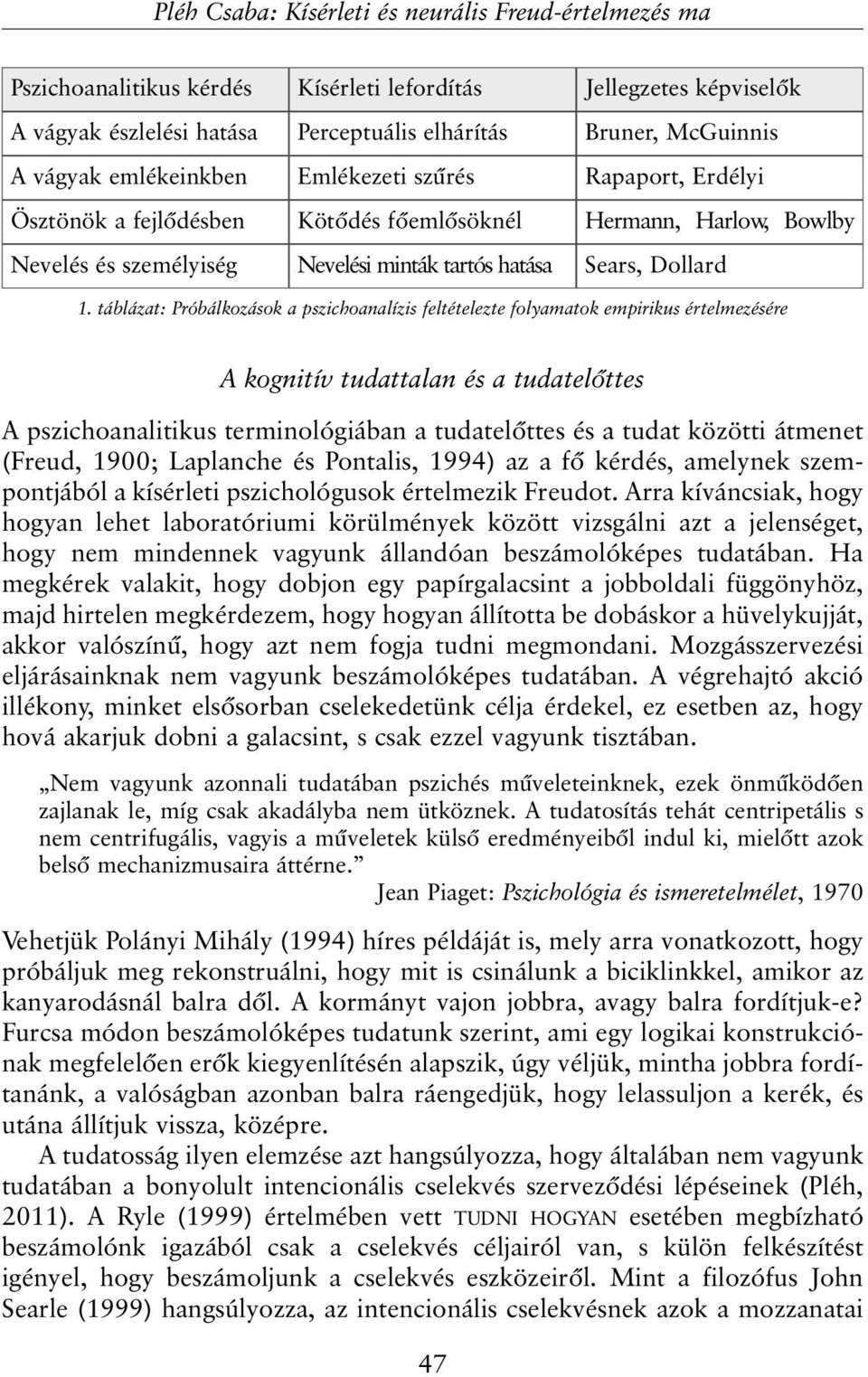 táblázat: Próbálkozások a pszichoanalízis feltételezte folyamatok empirikus értelmezésére A kognitív tudattalan és a tudatelõttes A pszichoanalitikus terminológiában a tudatelõttes és a tudat közötti