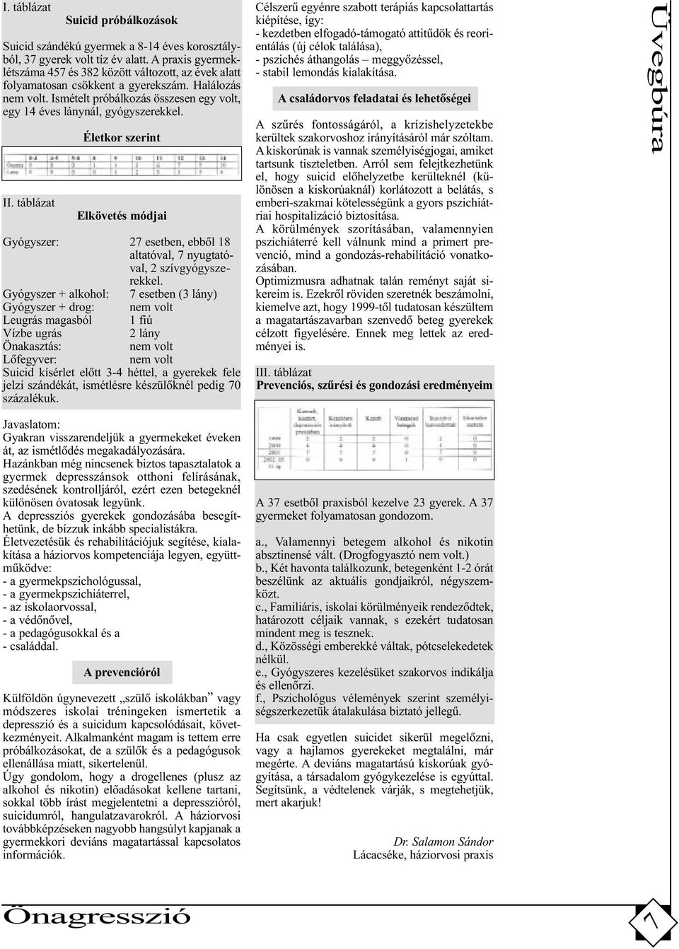 II. táblázat Életkor szerint Elkövetés módjai Gyógyszer: 27 esetben, ebbôl 18 altatóval, 7 nyugtatóval, 2 szívgyógyszerekkel.