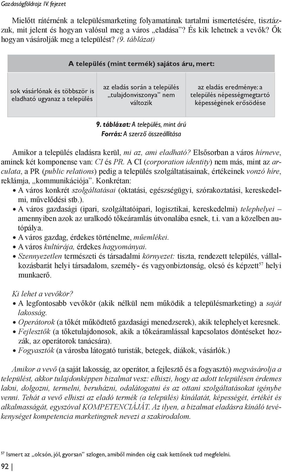 táblázat) A település (mint termék) sajátos áru, mert: sok vásárlónak és többször is eladható ugyanaz a település az eladás során a település tulajdonviszonya nem változik az eladás eredménye: a